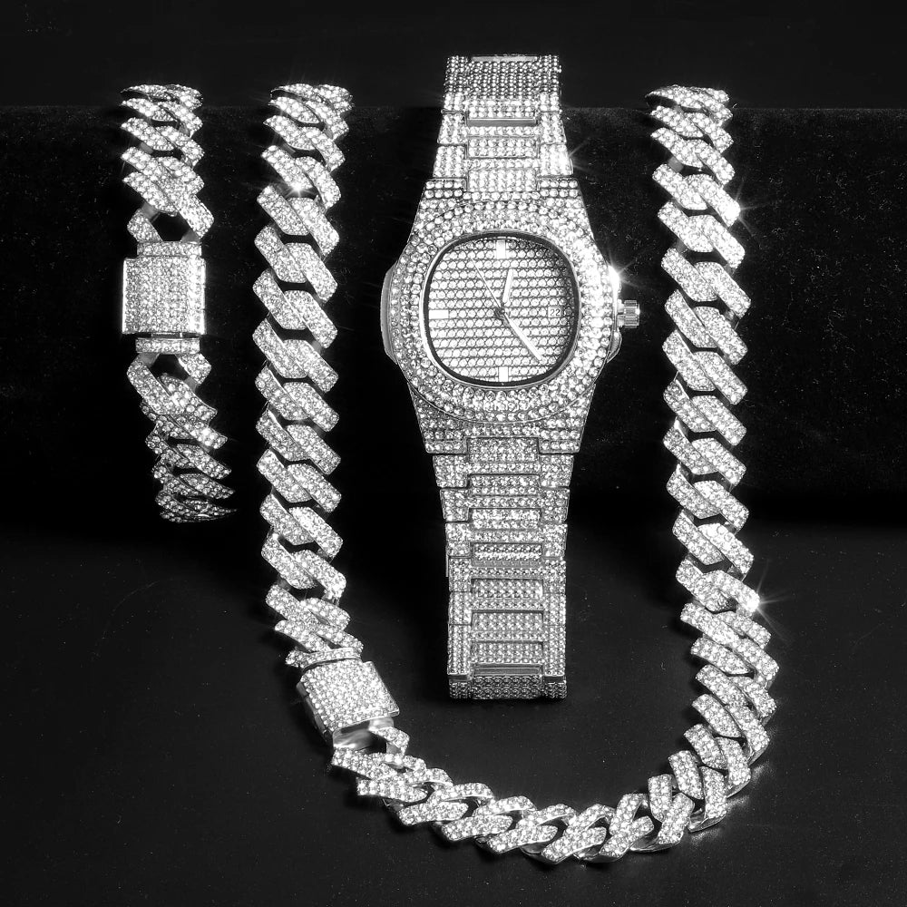 Gold Color Cuban Chain Watch for Men,Hip Hop Miami Curb,Iced Out Paved Rhinestones,Bling Rapper Necklace, Watch+Bracelet Jewelry