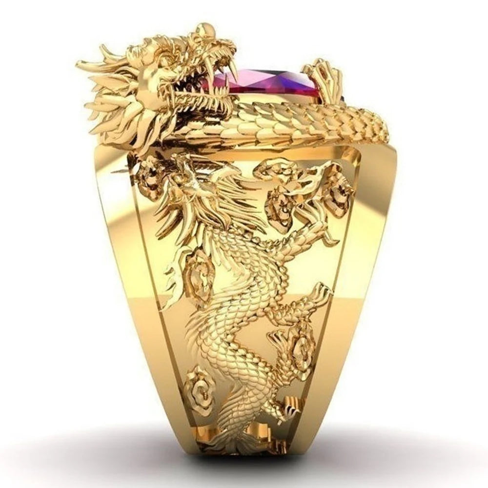 Huitan Luxury Gold Color Dragon Pattern Men Rings Inlaid Big Oval Red Stone Noble Wedding Party Finger Rings Male Trendy Jewelry