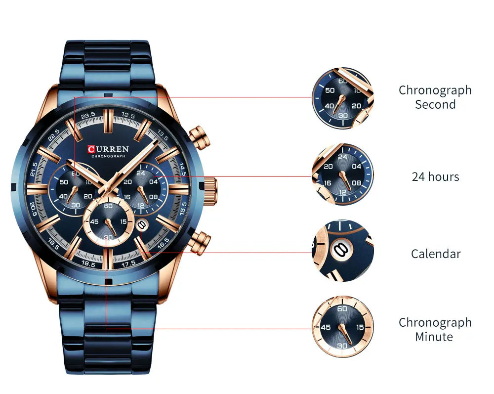 Curren Men's Watch Blue Dial Stainless Steel Band Date Mens Business Male Watches Waterproof Luxuries Men Wrist Watches for Men