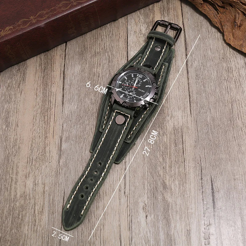 2025 Mens Quartz Wristwatch Fashion Cowhide Watchband Vintage Punk Big Round Watches Men Wide Genuine Leather Bracelets Clock