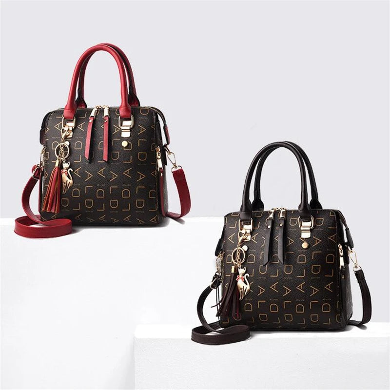 Fashion English Letter Handbag Women PU Leather Tassel Top-handle Bag Luxury Shoulder Bag Large Capacity Lady Tote Design Purse