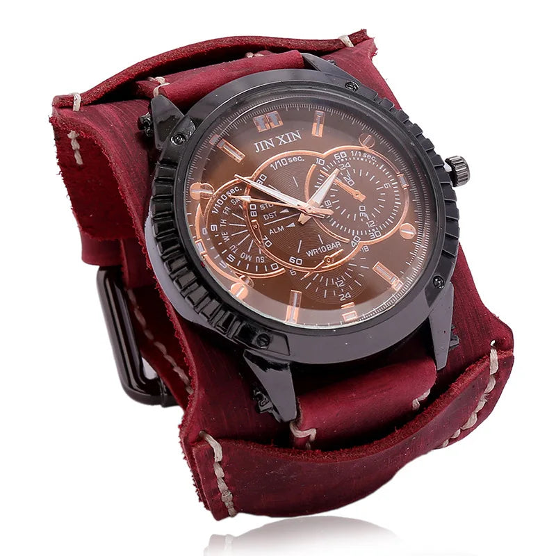 2025 Mens Quartz Wristwatch Fashion Cowhide Watchband Vintage Punk Big Round Watches Men Wide Genuine Leather Bracelets Clock