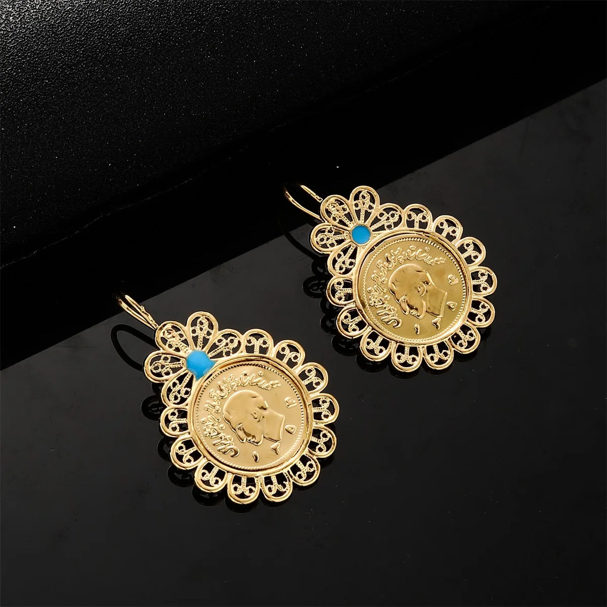 Gold Color Iran Coin Dangle Hoop Earrings For Women Iranian Arab Middle East Jewelry