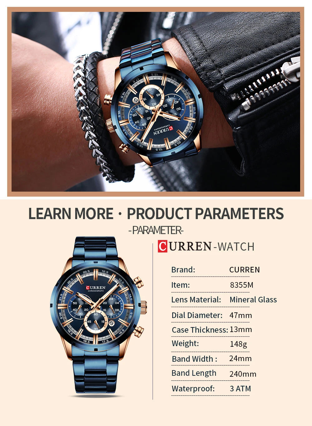 Curren Men's Watch Blue Dial Stainless Steel Band Date Mens Business Male Watches Waterproof Luxuries Men Wrist Watches for Men