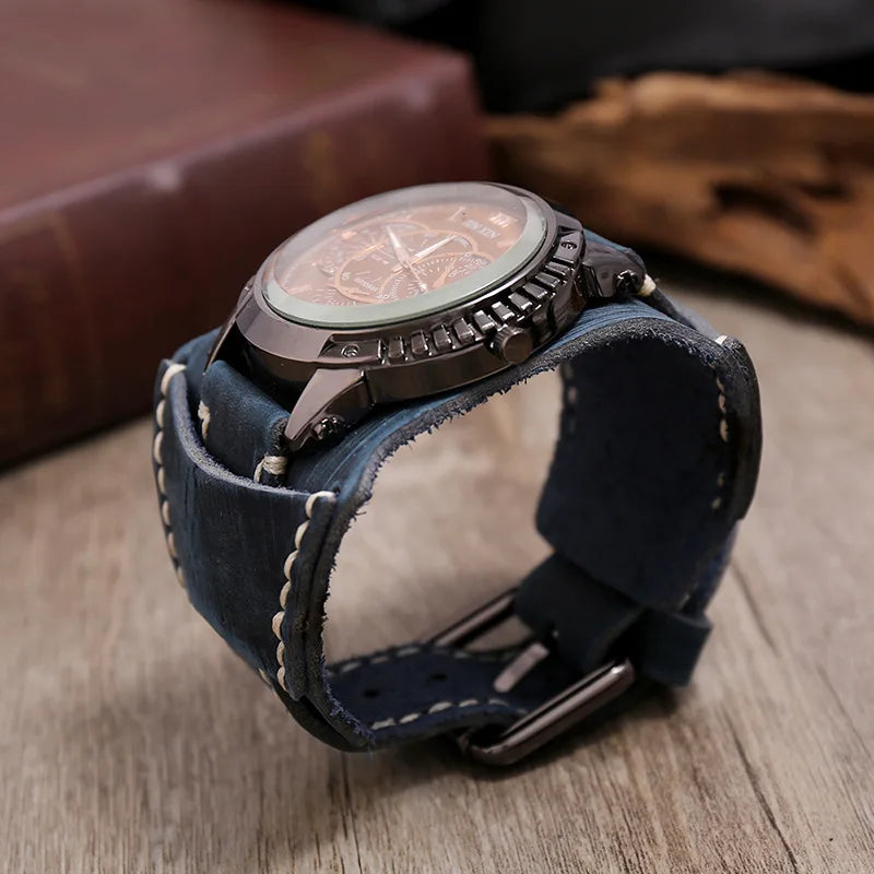 New Fashion Men's Watches Luxury Big Dial Quartz Lovers Watch Wide Genuine Leather Punk Bracelet Sport Wristwatch Men Gift