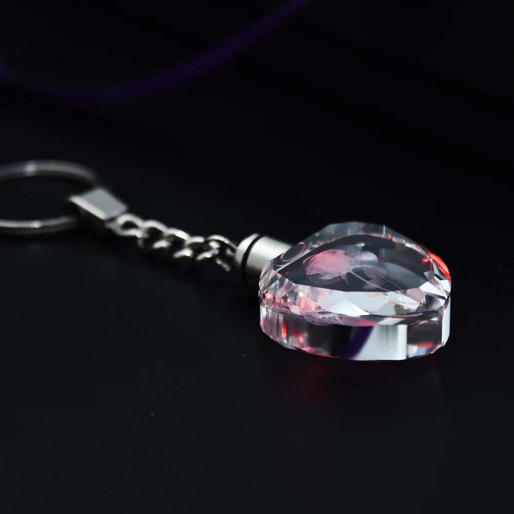 Fashion Colorful Fairy Rose Flower Pattern Love Shape Crystal Rhinestone LED Light keychain Lover Key Chain Keyring Jewelry