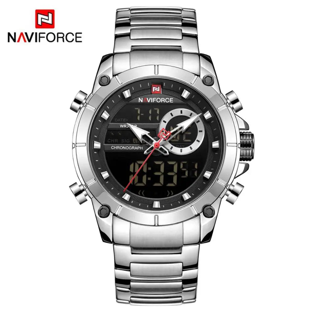 NAVIFORCE 9163 Luxury Original Sport Wrist Watch For Men Quartz Steel Waterproof Dual Display Military Watches Relogio Masculino