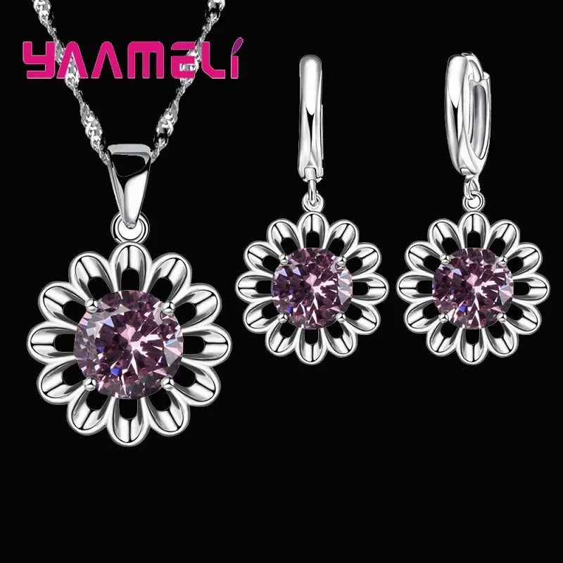 New Fashion Wedding Jewelry Set Women Top Quality 925 Sterling Silver Color Crystal Pendant Necklace Hoop Earring Big Promotion