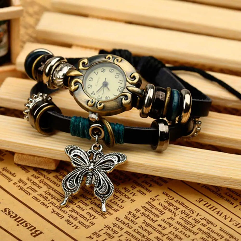 Handmade Butterfly Beads Bracelet Quartz Watch Clock Women Man Lovers Vintage Retro Bracelet Leather Strap Bracelets Dress Watch