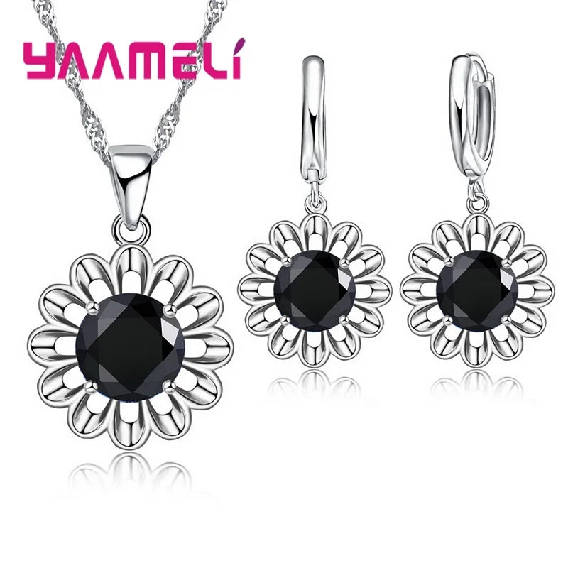 New Fashion Wedding Jewelry Set Women Top Quality 925 Sterling Silver Color Crystal Pendant Necklace Hoop Earring Big Promotion