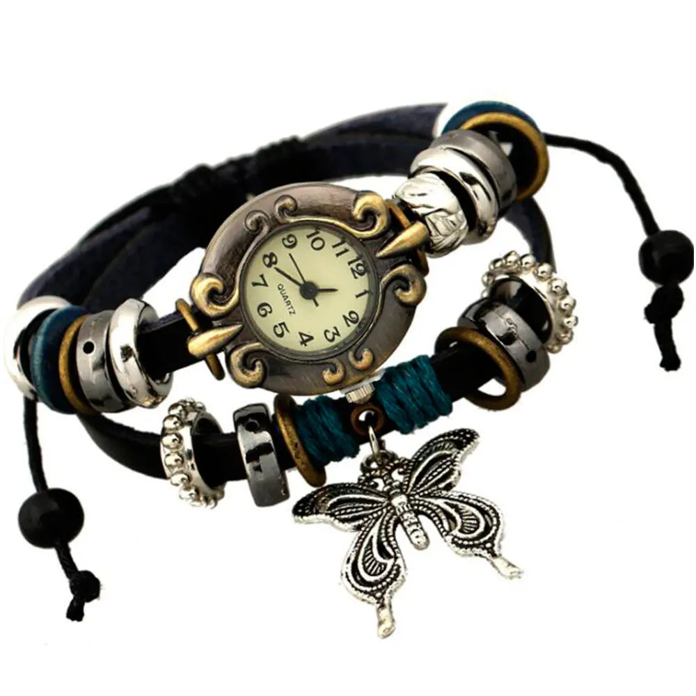 Handmade Butterfly Beads Bracelet Quartz Watch Clock Women Man Lovers Vintage Retro Bracelet Leather Strap Bracelets Dress Watch