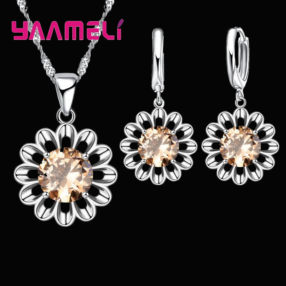 New Fashion Wedding Jewelry Set Women Top Quality 925 Sterling Silver Color Crystal Pendant Necklace Hoop Earring Big Promotion