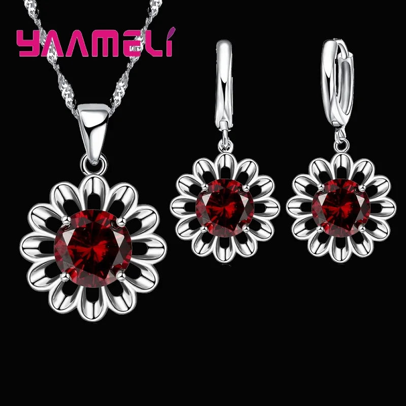 New Fashion Wedding Jewelry Set Women Top Quality 925 Sterling Silver Color Crystal Pendant Necklace Hoop Earring Big Promotion