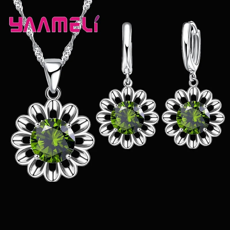 New Fashion Wedding Jewelry Set Women Top Quality 925 Sterling Silver Color Crystal Pendant Necklace Hoop Earring Big Promotion