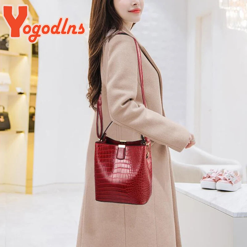 Yogodlns Retro Alligator Bucket Bags Women Crocodile Handbag Large Capacity Crossbody Bag New Shoulder Messenger Bag Phone Purse