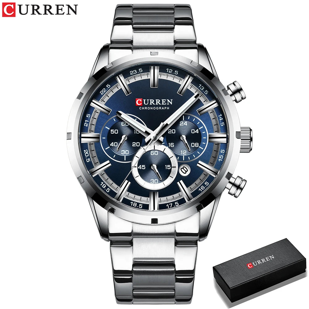 Curren Men's Watch Blue Dial Stainless Steel Band Date Mens Business Male Watches Waterproof Luxuries Men Wrist Watches for Men