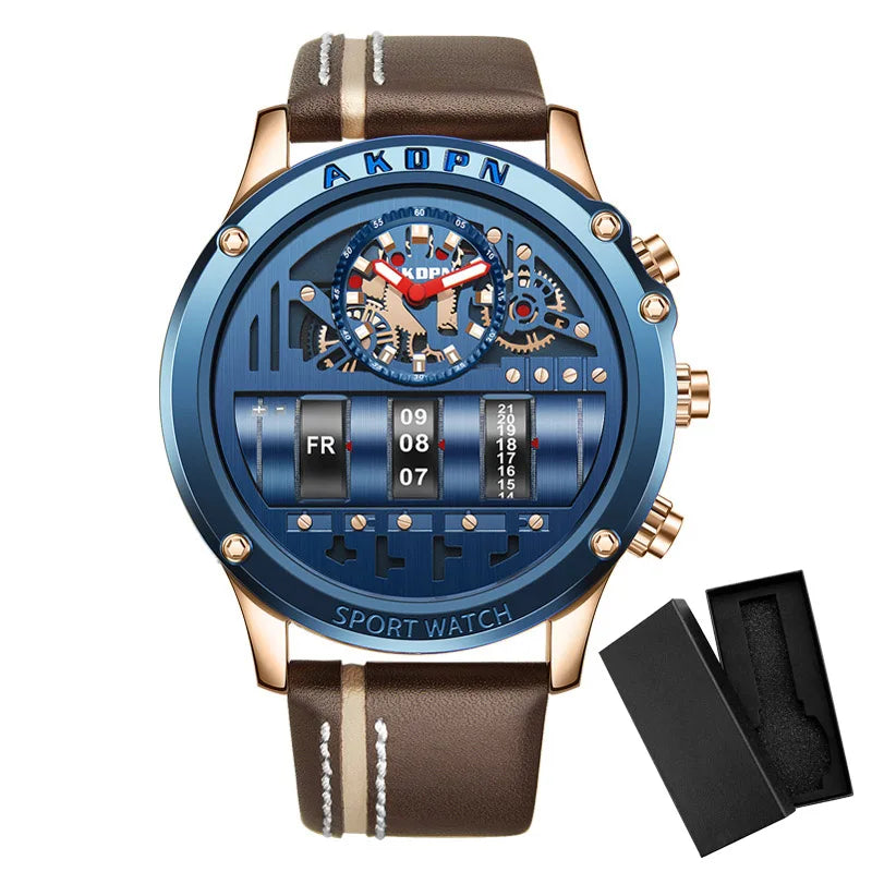 Business Casual watch for men Creative Men WristWatch Unique Rotate Date Leather Strap Quartz Watch Male Military Sport Clock