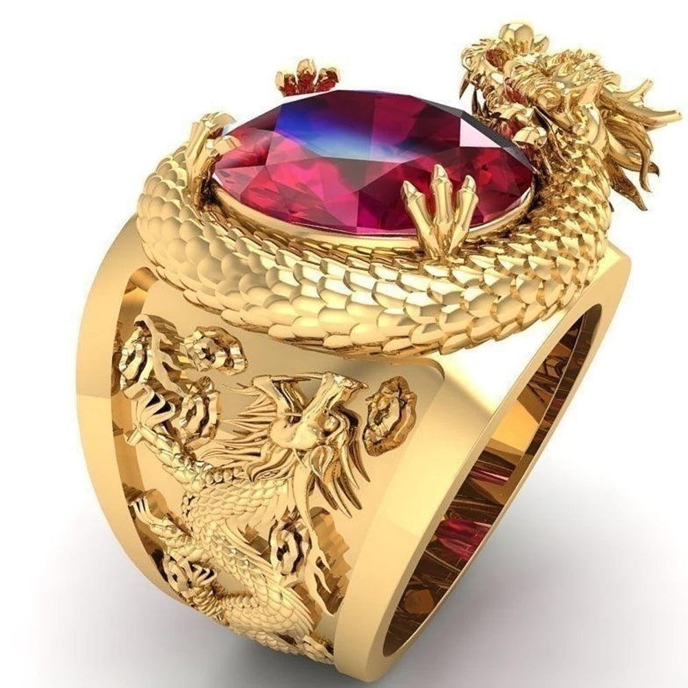 Huitan Luxury Gold Color Dragon Pattern Men Rings Inlaid Big Oval Red Stone Noble Wedding Party Finger Rings Male Trendy Jewelry