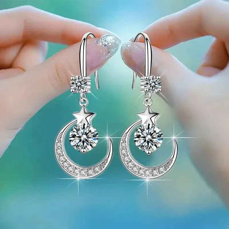 Female Fashion Star Moon Earrings 925 Sterling Silver White Sapphire Pink Blue White Artificial Dangle Earrings