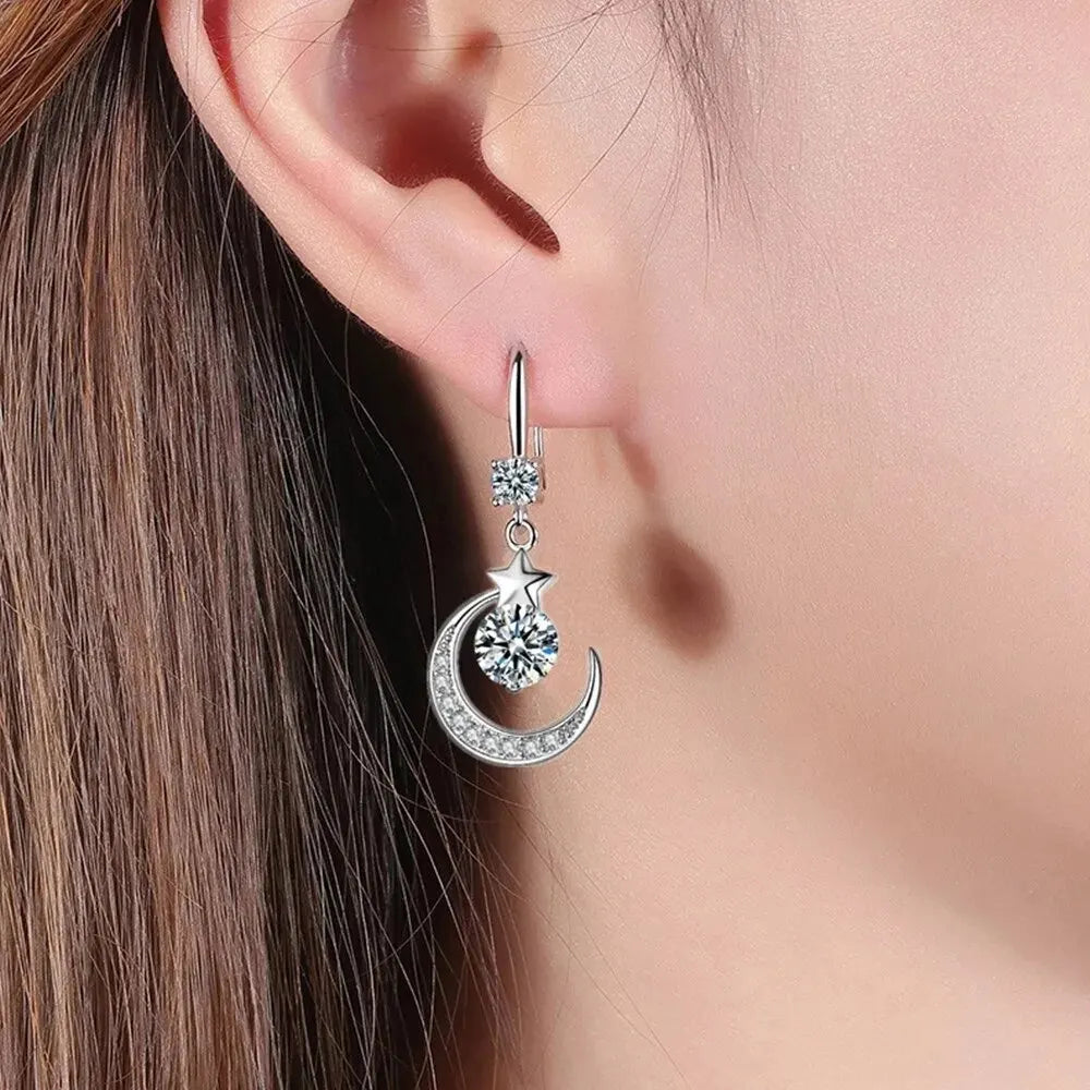 Female Fashion Star Moon Earrings 925 Sterling Silver White Sapphire Pink Blue White Artificial Dangle Earrings