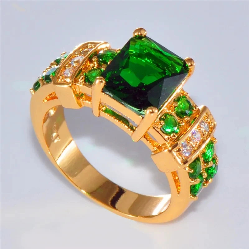 Trendy Green Crystal Ring Charm Gold Color Wedding Ring Women's Luxury Square Zirconia Promise Engagement Ring