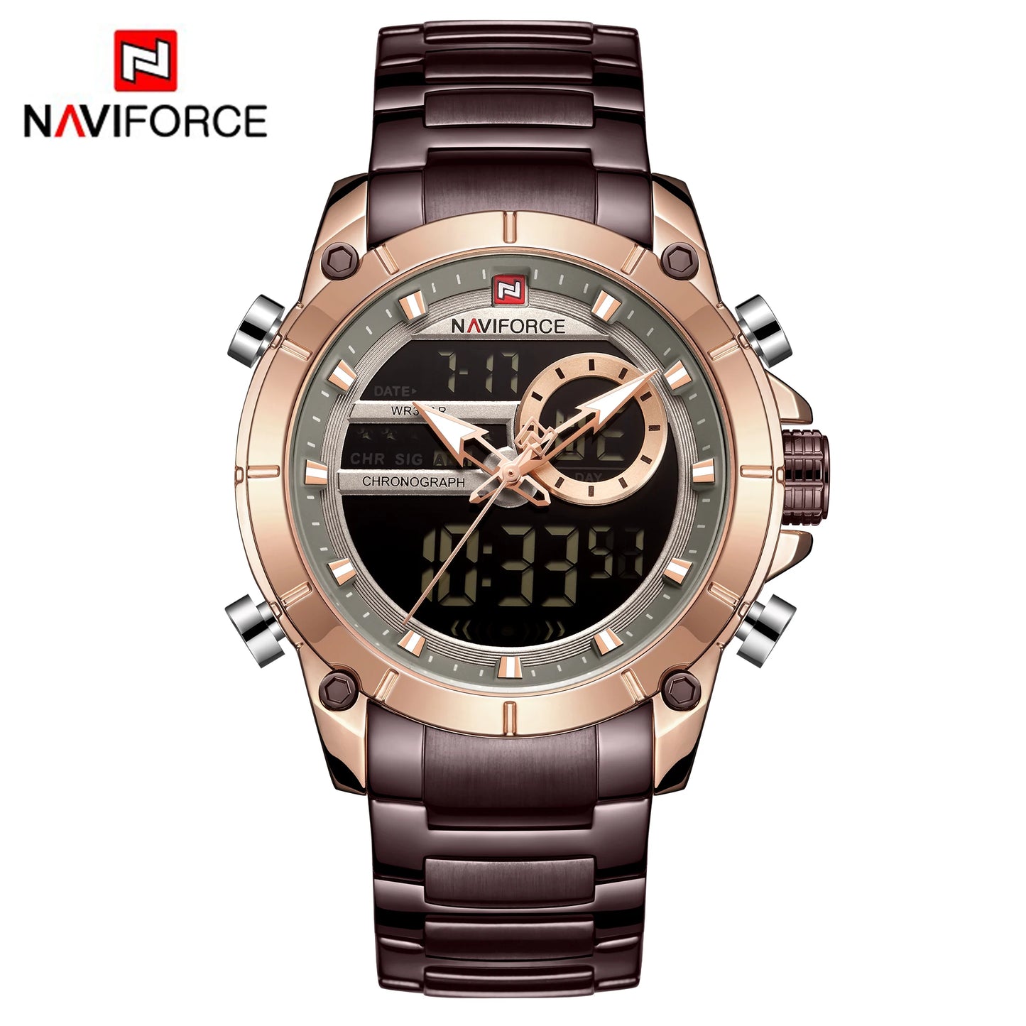 NAVIFORCE 9163 Luxury Original Sport Wrist Watch For Men Quartz Steel Waterproof Dual Display Military Watches Relogio Masculino