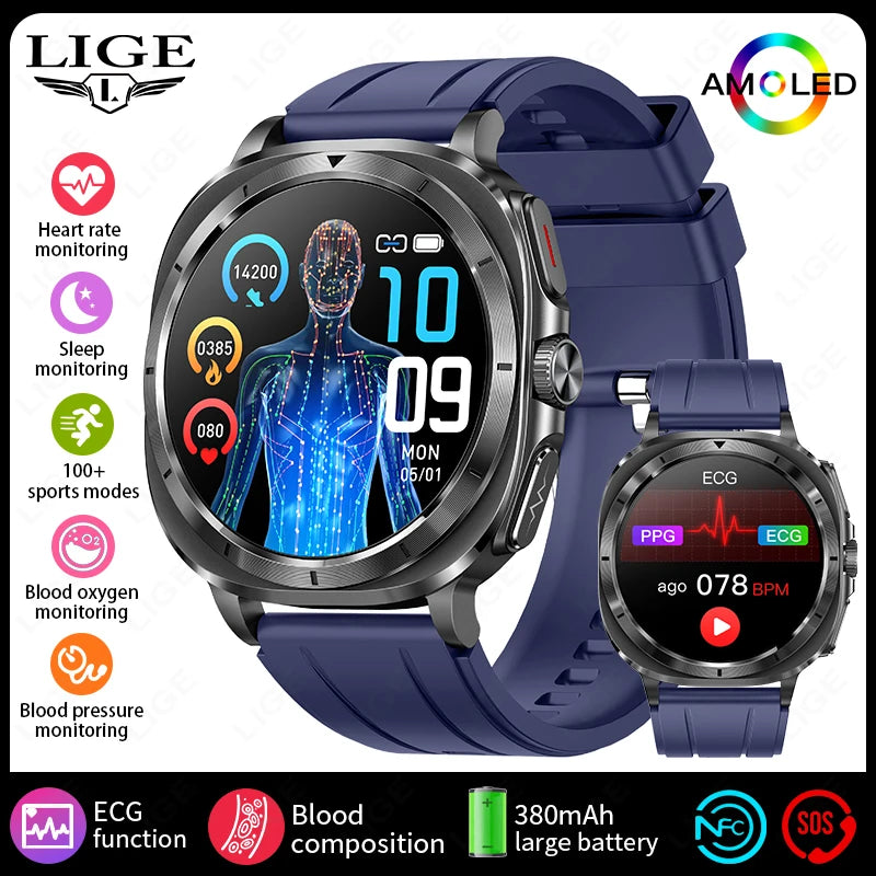 2025 AI Medical Diagnosis Smart Watch Bluetooth Call Blood Sugar Blood Lipid Uric Acid Monitor HRV ECG Smartwatch For Men Women