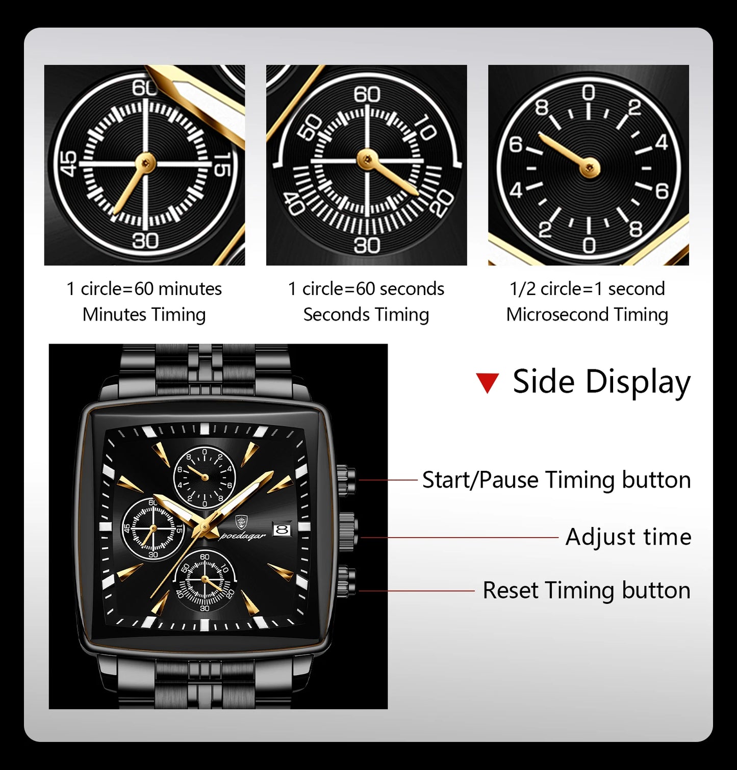 POEDAGAR Business Men Clock Waterproof Luminous Calendar Chronograph Square Man Watch Stainless Steel Quartz Men's Watches Reloj