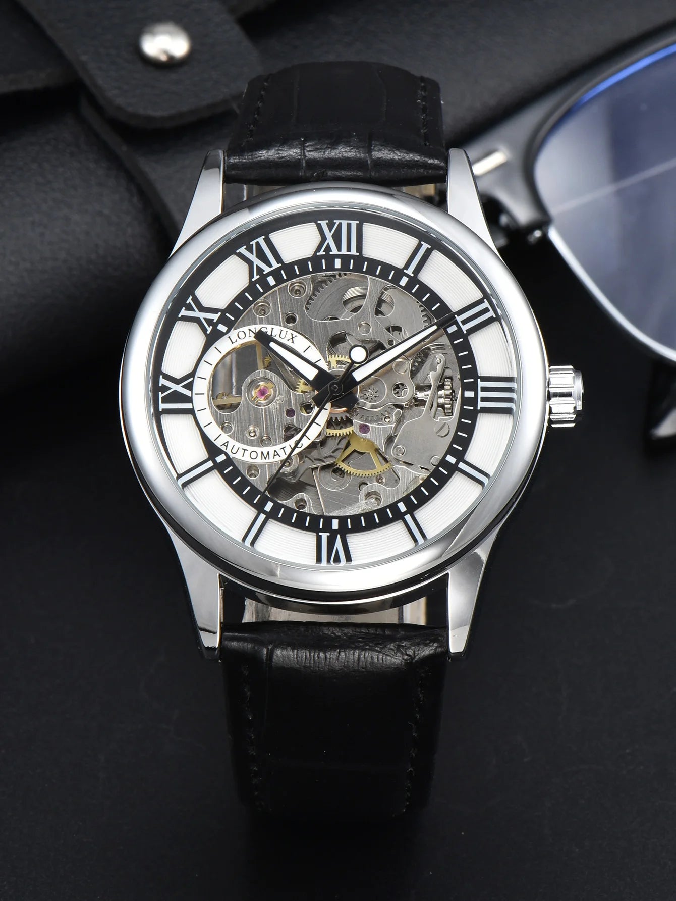 LONGLUX automatic watch rome wholesale mechanical wristwatches waterproof hollow leather mens watch men gift