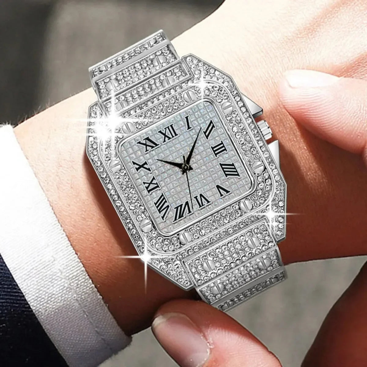 1pcs Fashion Business Calendar Men's Full Diamond Black Steel Band Quartz Watch