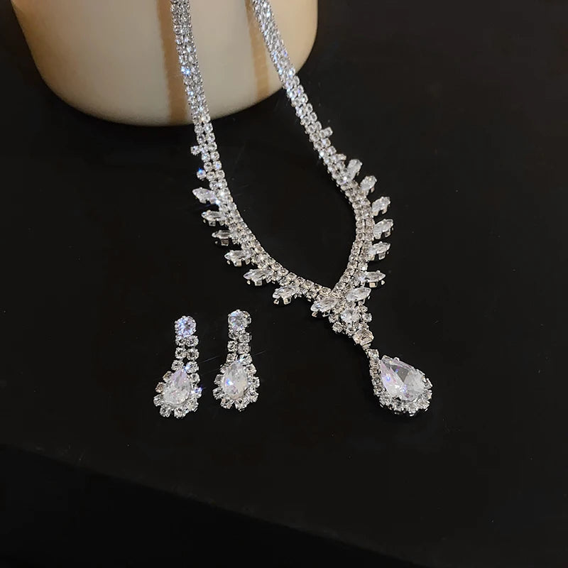 Large Water Drop Flower Necklace Earrings Set Shining Full Rhinestone Necklace For Women Bridal Wedding Party Jewelry Sets