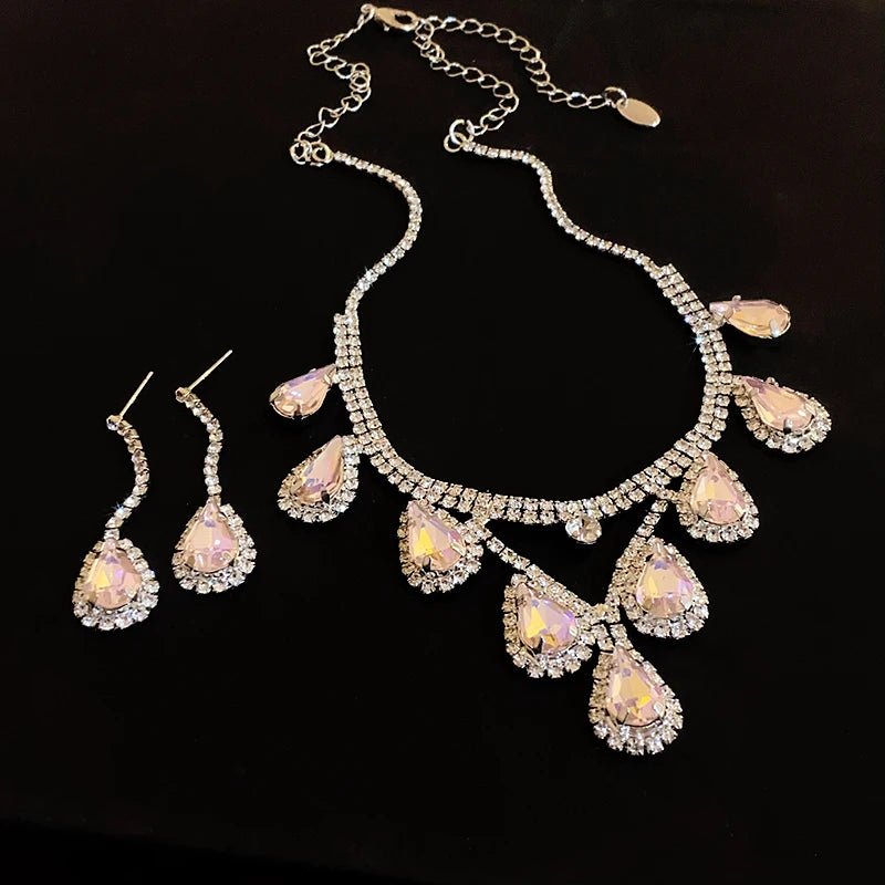 Large Water Drop Flower Necklace Earrings Set Shining Full Rhinestone Necklace For Women Bridal Wedding Party Jewelry Sets