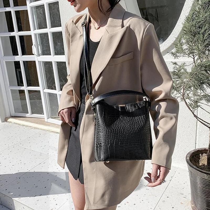 Vintage Alligator Leather Handbag Shoulder Crossbody Bags Fashion Female Bucket Bag Large Capacity Women Tote Bag