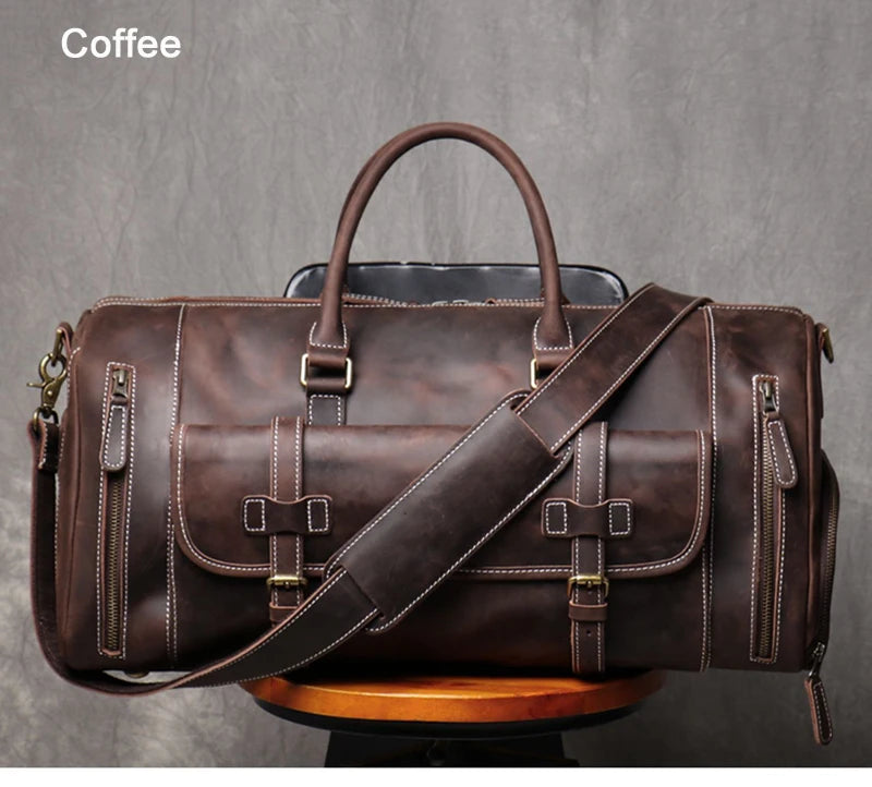 MUNUKI Vintage Crazy Horse Genuine Leather Travel bag  Large Luggage bag men Leather duffle bag Large Weekend Bag Tote Big