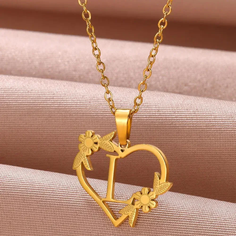 Gold Color Dainty Flower Initials Necklace Women Girl Stainless Steel Heart Letter Choker Necklace Best Gifts Alphabet Jewelry