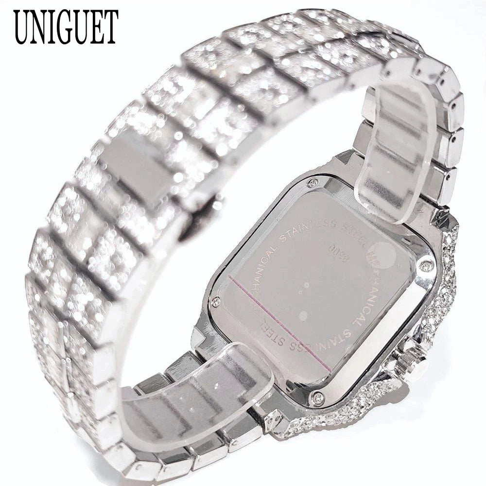 UNIGUET Blue Quartz Watch For Men Fashion Square Iced Out Watch Man Hip Hop Diamond Jewelry Wristwatch Rock Boy Reloj Hombre