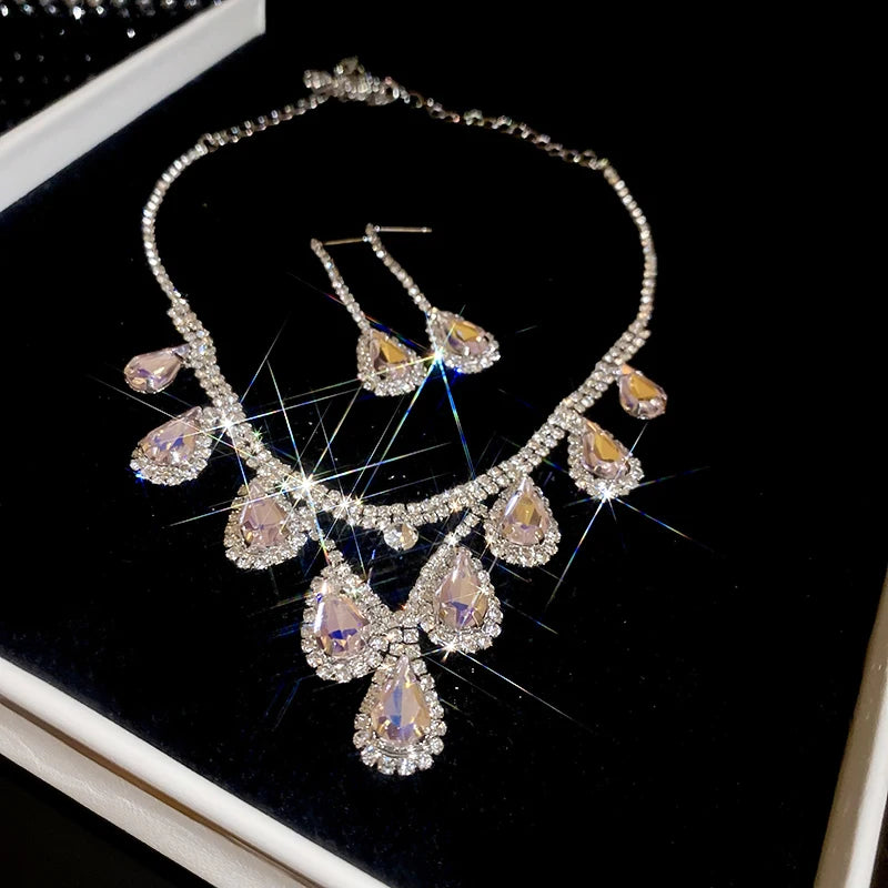 Large Water Drop Flower Necklace Earrings Set Shining Full Rhinestone Necklace For Women Bridal Wedding Party Jewelry Sets