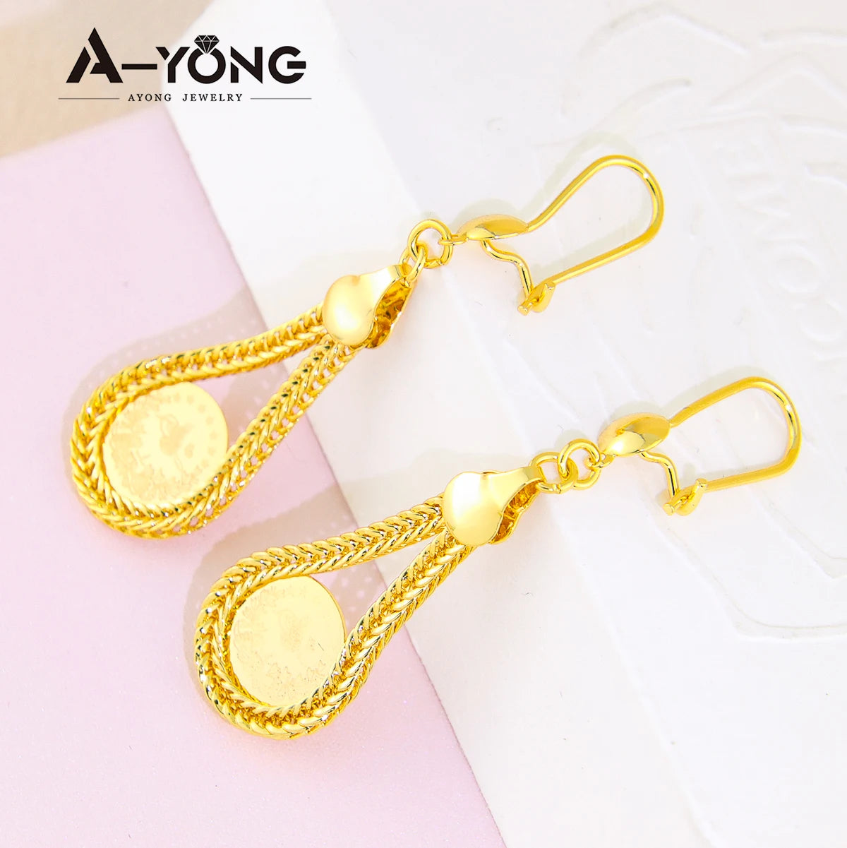 AYONG Arab Lira Coin Hook Drop Earrings 18k Gold Plated Dubai African Copper Dangle Earring for Women Bridal Jewelry Gifts