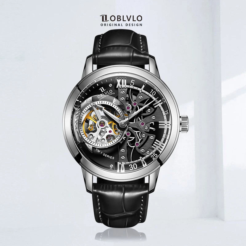 OBLVLO Retro Casual Men Skeleton Automatic Watches Mechanical Calfskin Strap Mineral Crystal Glass Waterproof Clock Dial 45mm VM