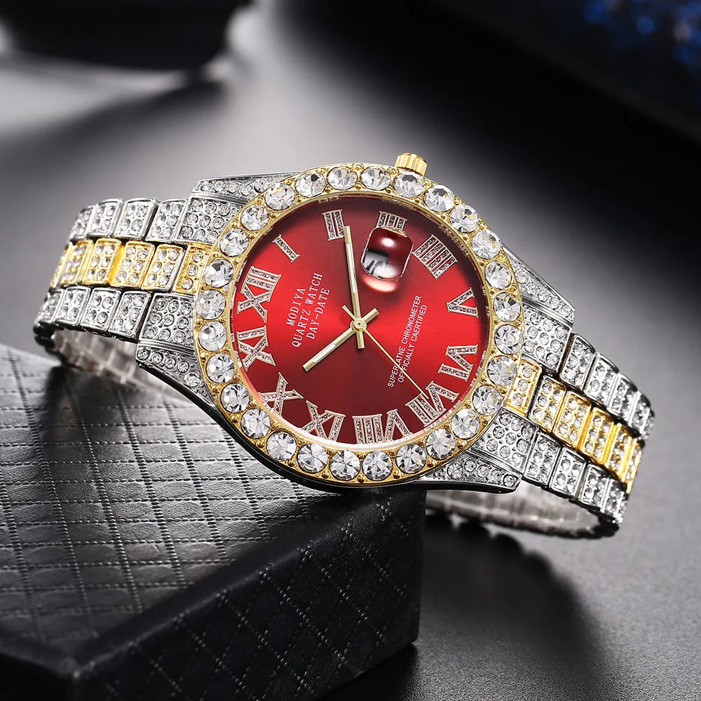 Montre homme Hip Hop Iced Out entièrement en strass AAA autour des montres à quartz de luxe horloge ronde montre-bracelet unisexe cadeau pour petit ami