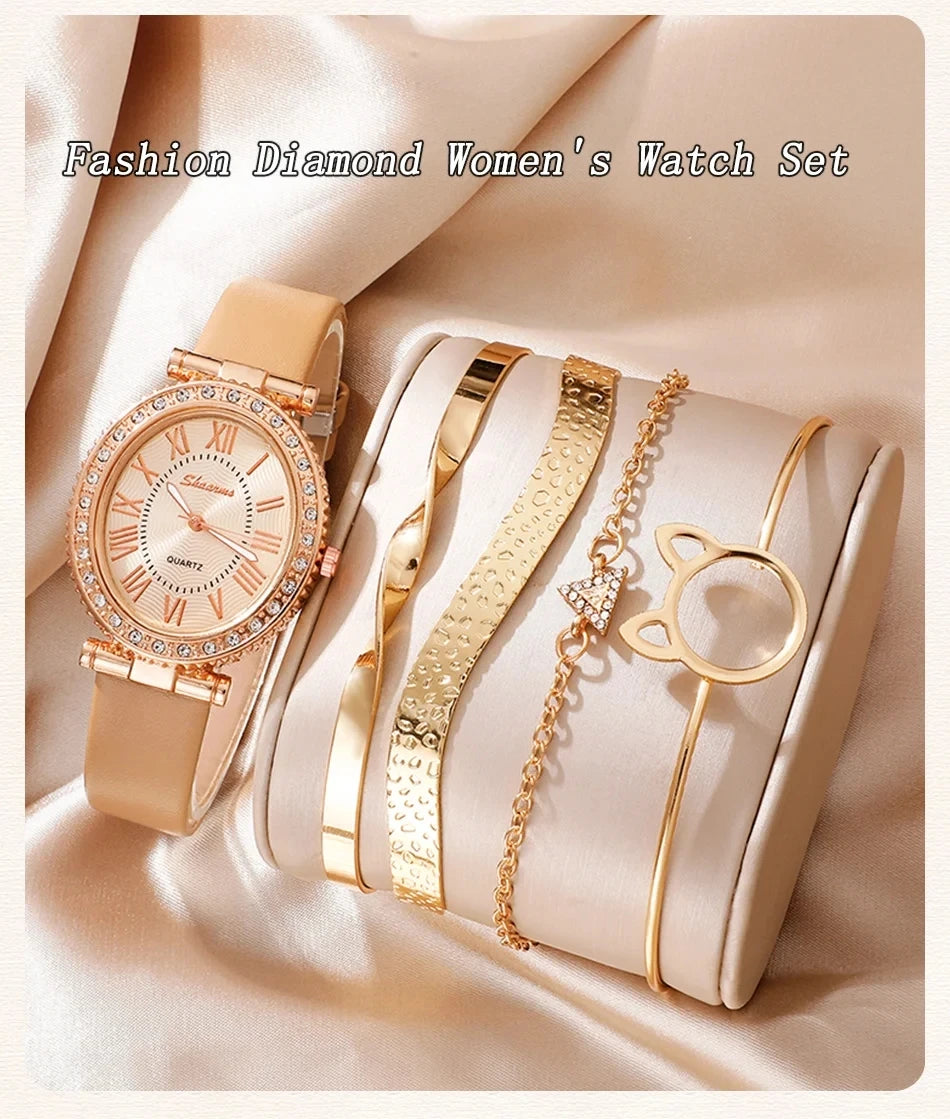 Women's Fashion Quartz Watch Luxury Leather Band Analog WristWatch Ladies Watch Women Dress Bracelet Set Reloj Mujer Clock