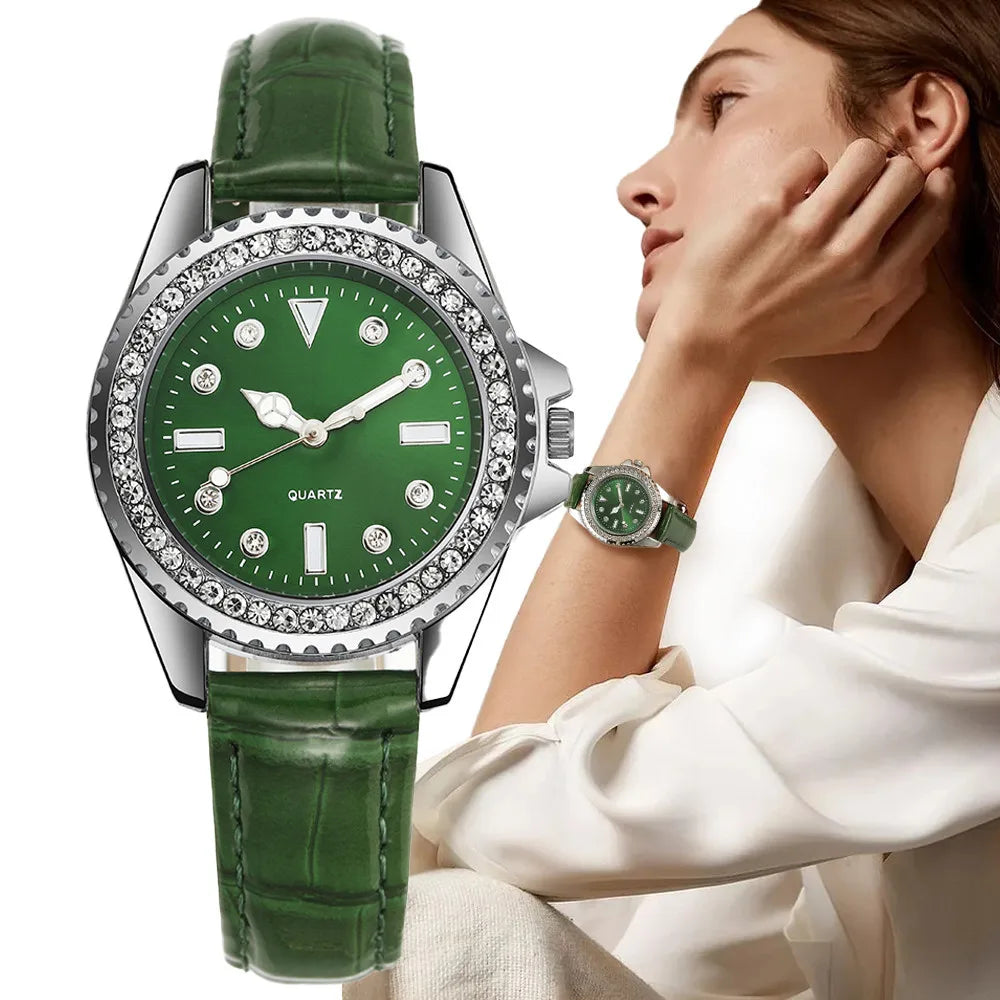 Ladies Luxury Diamond Branded Quartz Watch Fashion 2024 New Simple Green Leather Women's Dress Clock Watch DDP