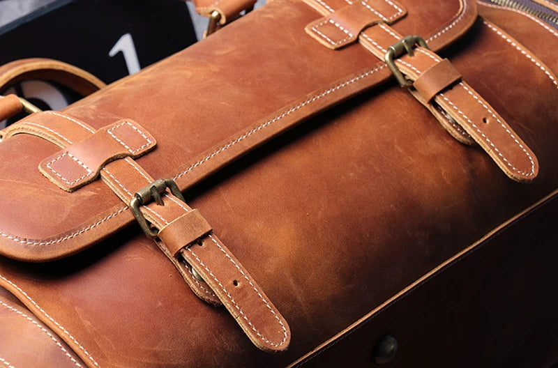 MUNUKI Vintage Crazy Horse Genuine Leather Travel bag  Large Luggage bag men Leather duffle bag Large Weekend Bag Tote Big