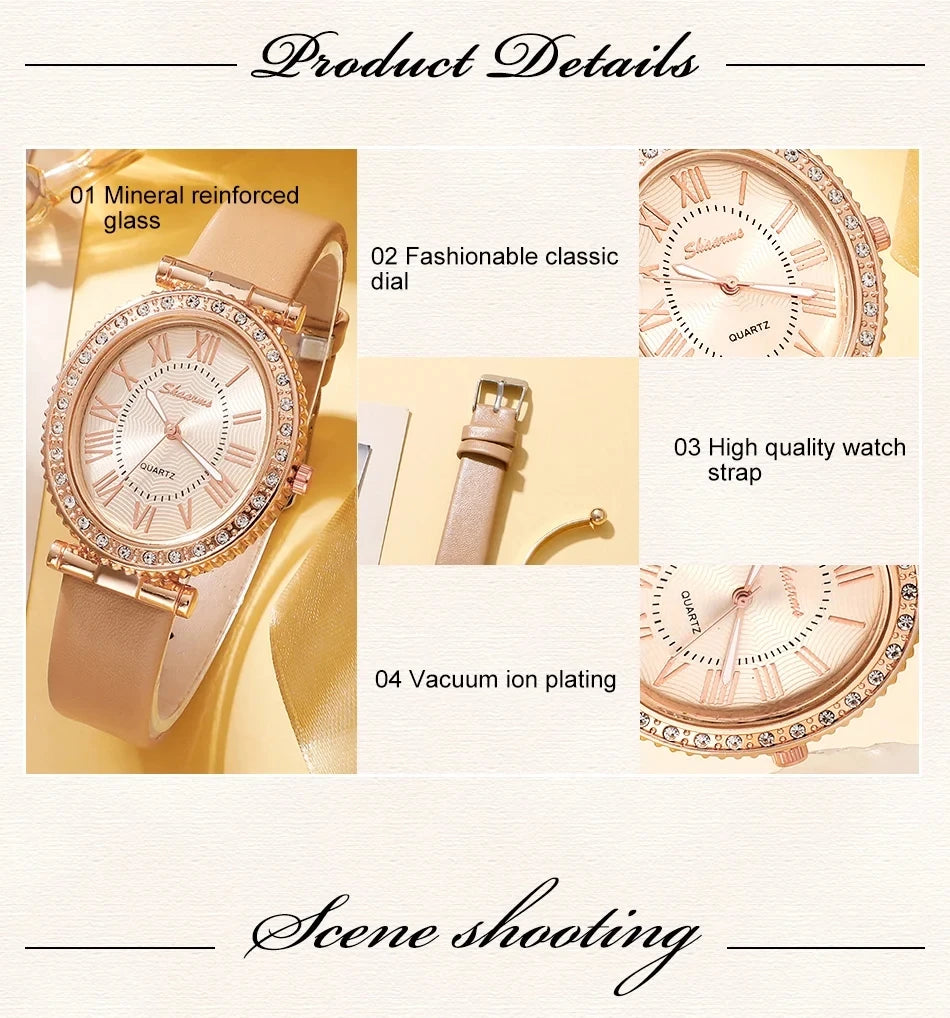 Women's Fashion Quartz Watch Luxury Leather Band Analog WristWatch Ladies Watch Women Dress Bracelet Set Reloj Mujer Clock