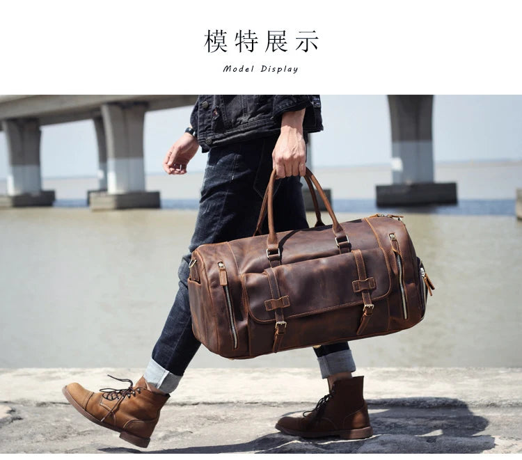 MUNUKI Vintage Crazy Horse Genuine Leather Travel bag  Large Luggage bag men Leather duffle bag Large Weekend Bag Tote Big