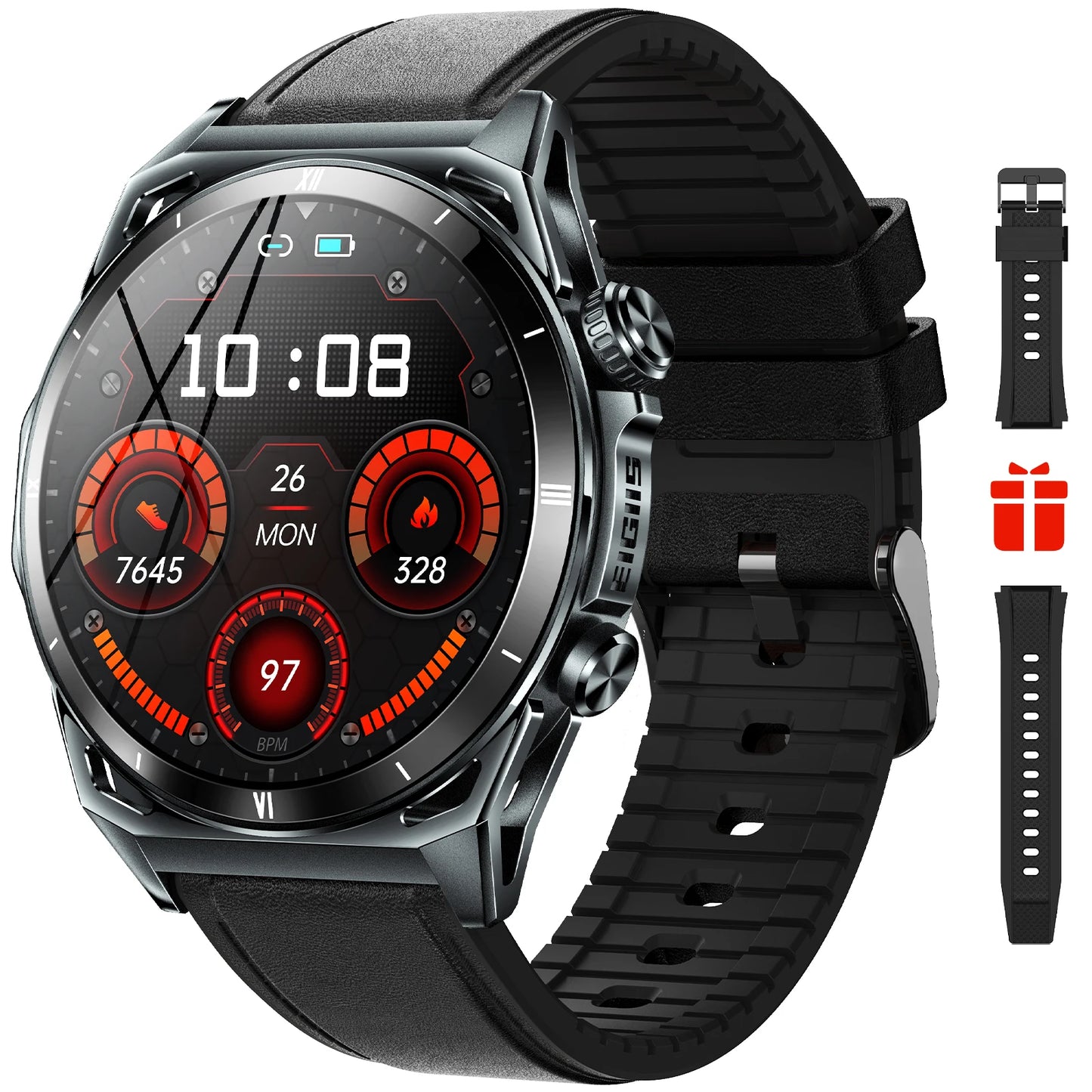 EIGIIS New Smart Watch KE6 1.43" AMOLED Display Men Black Sports Watch KE Series Bluetooth Call Health Monitor IP68 Waterproof