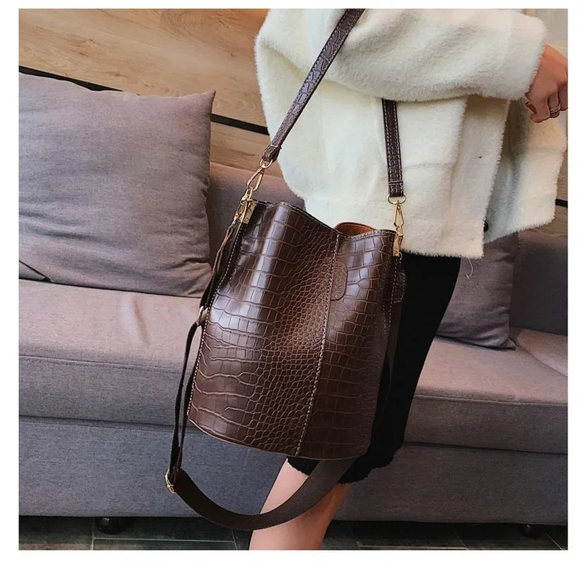 Vintage Leather Stone Pattern Crossbody Bags for Women 2022 New Shoulder Bag Fashion Handbags and Purses Bucket Bags