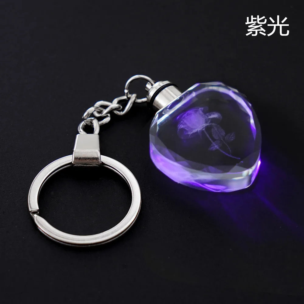 Fashion Colorful Fairy Rose Flower Pattern Love Shape Crystal Rhinestone LED Light keychain Lover Key Chain Keyring Jewelry