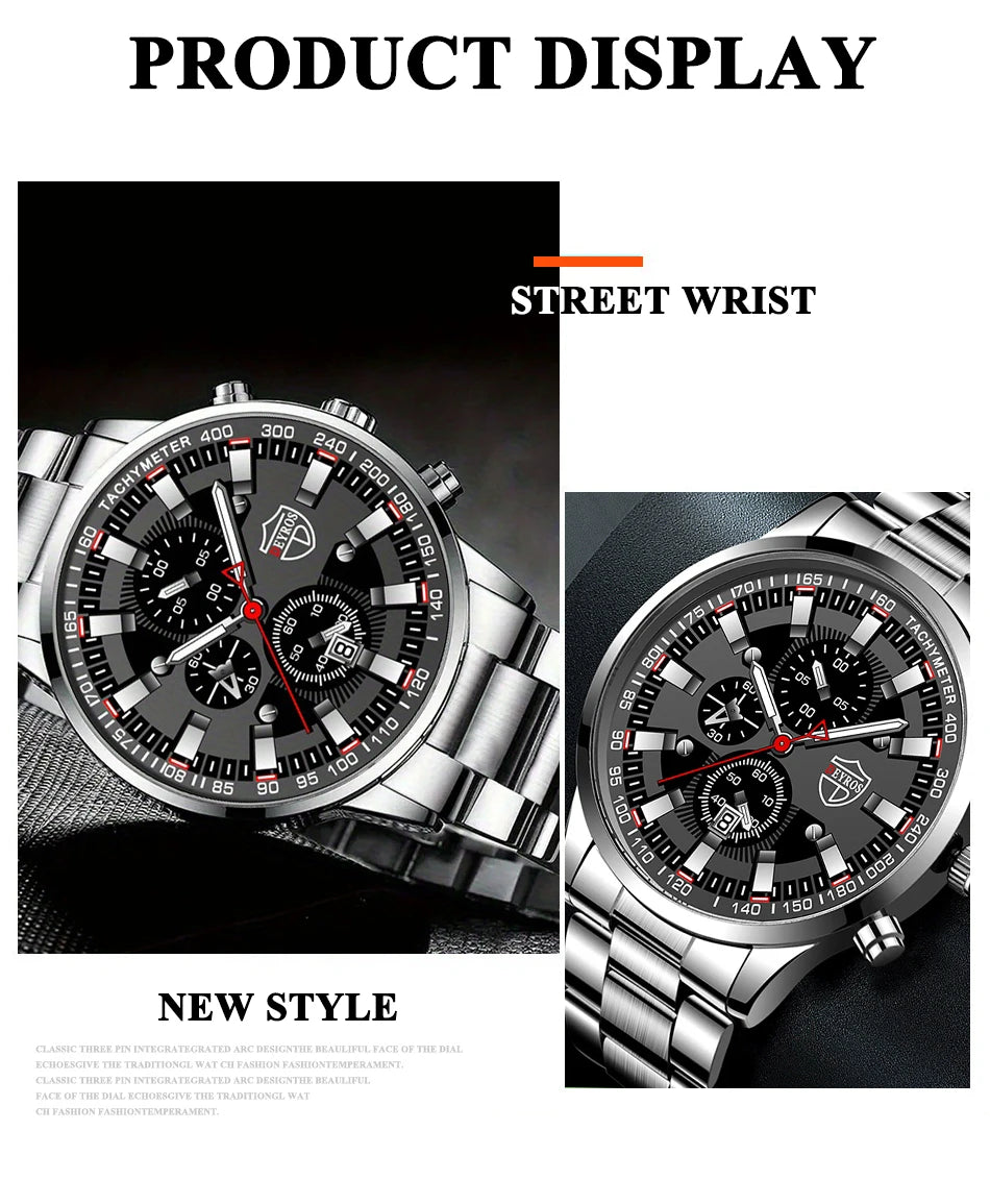 3PCS DEYROS Fashion Mens Calendar Watches Luxury Male Stainless Steel Quartz Wristwatch Men Bracelet Necklace Wrist Watch