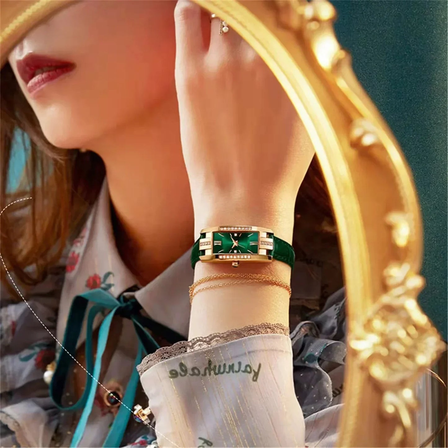 WOKAI high quality classic retro women's belt quartz square green quartz watch Student women's wear clock luxury style